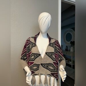 Woven Heart Open Front Fringe Poncho/ Sweater size XL